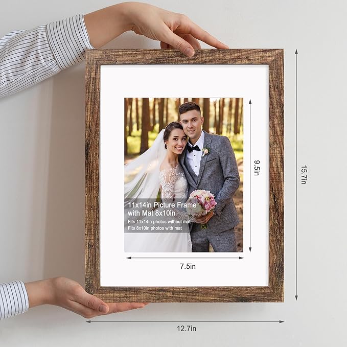 11x14 Picture Frame Set of 2, Made of Real Glass and Rustic Brown Wooden Frame, Display 8x10 Pictures with Mat or 11 x 14 Posters without Mat for Wall Mounting, Gallery Photo Frames