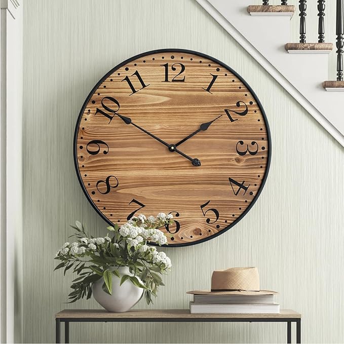 Rustic Farmhouse Wall Clocks for Living Room Decor, Large 24 inch Wall Clock with Dark Brown Wooden Face and Black Metal Frame, Silent Battery Operated for Kitchen Bedroom Entryway