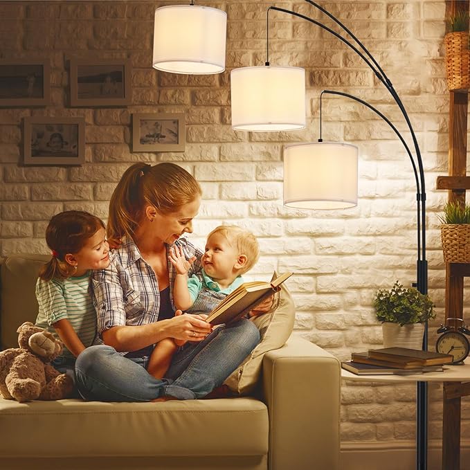 DLLT Modern Floor Lamp for Room: 3-Light Black Tree Dimmable Floor Lamps with White Shades for Living Room - Arc Standing Lamp for Bedroom - Tall Floor Lamp for Office Corner 3 LED Bulbs Included