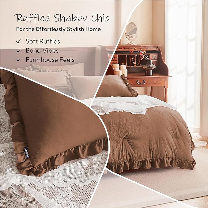 MR&HM Full Ruffle Comforter Set Mocha Mousse, Farmhouse Shabby Chic Bedding Set, Boho Bed in a Bag Set 7 Pieces with 1 Comforter, 1 Flat Sheet, 1 Fitted Sheet, 2 Pillowcases & 2 Pillow Shams