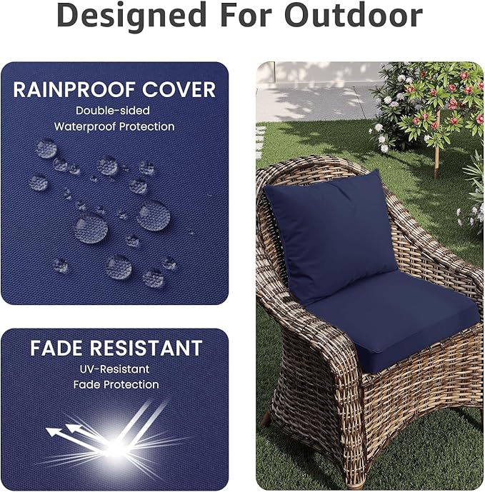 Outdoor Chair Cushions 22 x 22 x 3 Inch, Waterproof & Fade Resistant Patio Seat Cushion for Furniture with Handle and Ties, Thick Seating Pads for Outside Sofa Couch Set of 2, Dark Blue