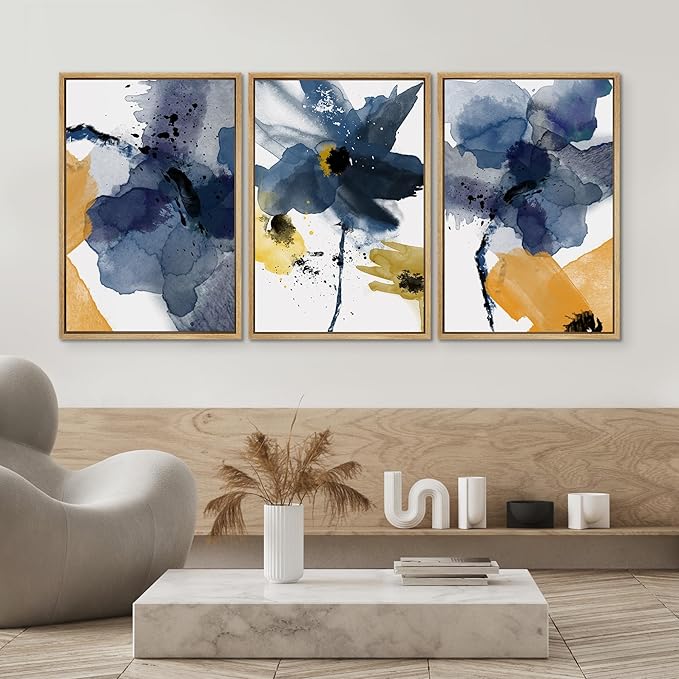 SIGNWIN Framed Canvas Wall Art Blue and Orange Blossoms Botanical Flower Watercolor Modern Art Tropical Relax/Calm for Living Room, Bedroom, Office - 24"x36"x3 Natural