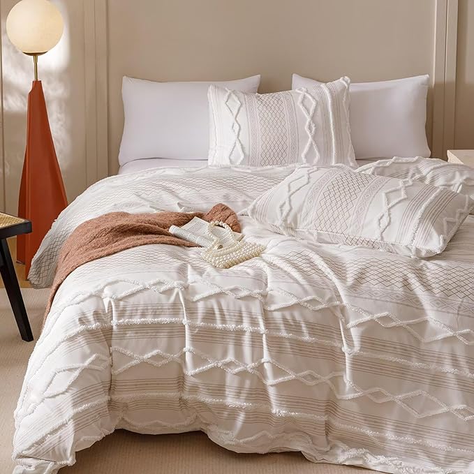 Luxlovery Boho Farmhouse Comforter Set Cal King Teens Kids White Jacquard Bedding Set Bohemian Country Blanket Quilts Durable Soft Breathable 3PCS Comforter Set California King Bed