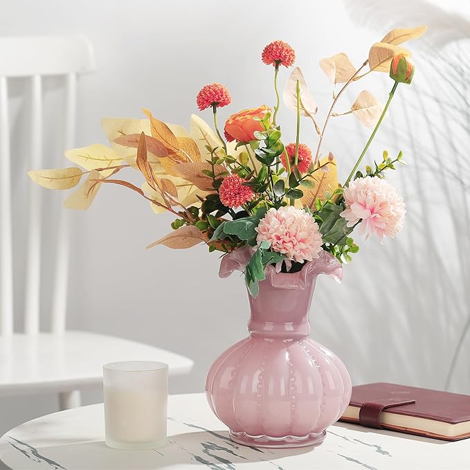 Joeyan Handmade Pink Glass Flower Vase,7.9" Vintage Decorative Urn Vase for Centrepieces Bouquet Wedding,Colored Thickened Pedestal Decorations for Rustic Home Living Room Office Farmhouse