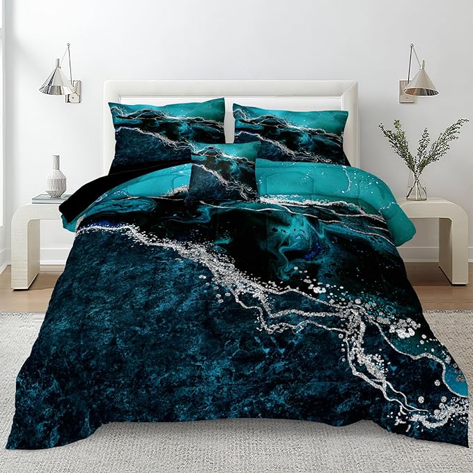 Black Marble Comforter Queen Turquoise Blue Bedding Set 3 Pcs Marble Stone Natural Theme Artwork Abstract Comforter Sets Super Soft Cozy Black Bed in A Bag with Comforter and Sheet Set