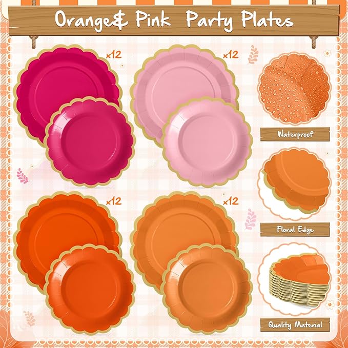 338 Pcs Pink and Orange Plates and Napkins Party Supplies for Guests Hot Pink Orange Tableware Include Scalloped Plates Paper Napkin Cup Spoon Fork Knife for Baby Shower, Wedding, Birthday