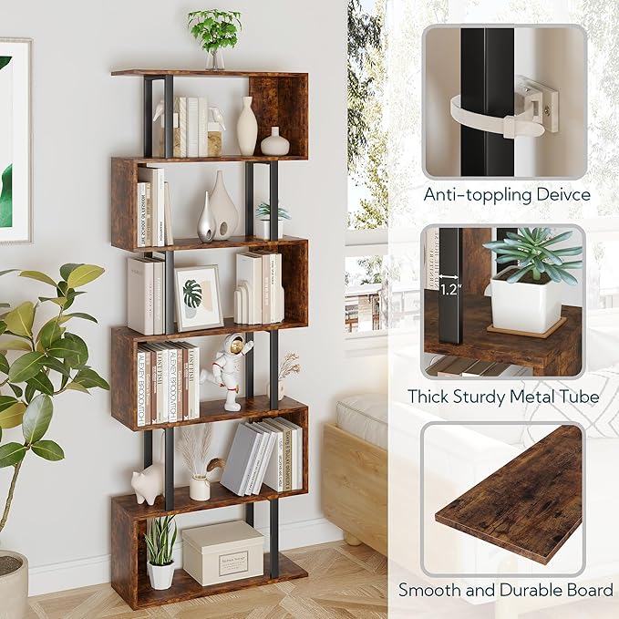 Yusong Geometric Bookcase, S Shaped Bookshelf 6-Tier Book Shelves for Bedroom, Modern Wood Decorative Display Shelf Tall Book Case for Home Office, Bown and Black
