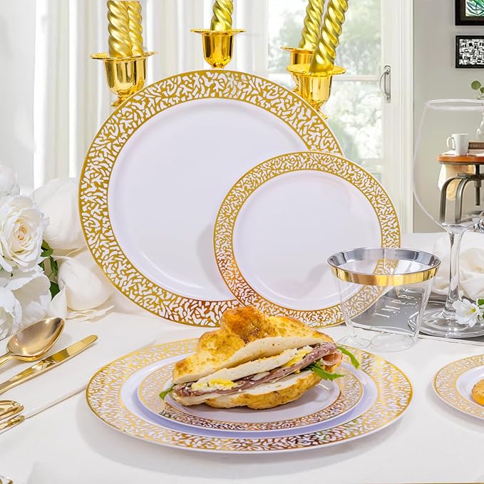 Festiva 350PCS Gold Plastic Dinnerware Set - Disposable Lace Gold Plates and Napkins Party Supplies - include plates,napkins,cups,silverware - Serve for 50 guests Party&Wedding&Easter