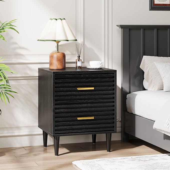 Alohappy Nightstands, Mid Century Modern Night Stands, Fluted Bedside Table for Bedroom, End Table with Storage Drawers, Vintage Bed Side Table Wood Accent Table for Living Room, Black 1pc