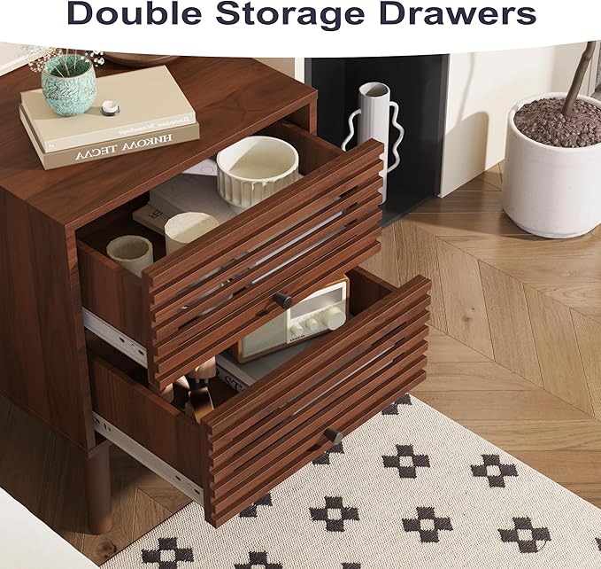 Nightstand, Side Table, End Table, Mid Century Modern Nightstand with Hollowed Drawers, Bedside Tables, Small Nightstands with Storage for Bedroom, Living Room, Walnut