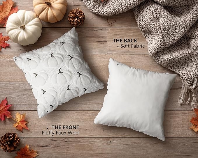 4TH Emotion Fall Pumpkins Decorative Pillow Covers 16x16 Set of 2, White Soft Plush Faux Fur Wool Farmhouse Throw Cushion Cases for Autumn Thanksgiving Holiday Home Decorations