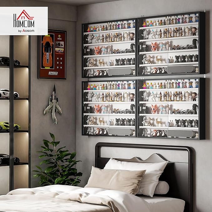 HOMCOM 5-Tier Display Cabinet, Glass Door Cabinet with Adjustable Shelves, Wall-Mounted Display Case for Playroom, Bedroom, Black and White