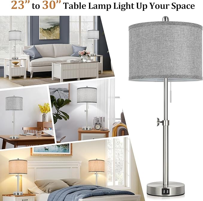 Silver Table Lamps Set of 2 for Living Room Bedroom, 23''-30'' Adjustable Height Bedside Lamps with 2 USB Ports, Industrial Nickle Nightstand Lamps with Grey Shade, Modern Lamp Sets for Home Office