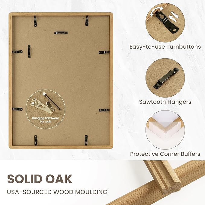 12x16 Picture Frame - Solid Oak Wood Picture Frames with HD Tempered Glass, Handcrafted Rounded Corner 12 x 16 Wooden Frame Matted to 8.5x11 Photos, Horizontal or Vertical Wall Display, 1 Pack