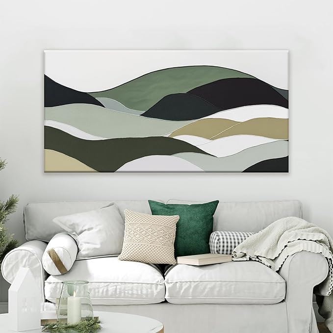 TAIJXAGSG Abstract Wall Art For Living Room Modern Canvas Art Wall Decor Green Wall Art Bedroom Office Decor Abstract White Wall Art Painting Ready To Hang Wall Irregular Shapes Pictures 24 × 48 In