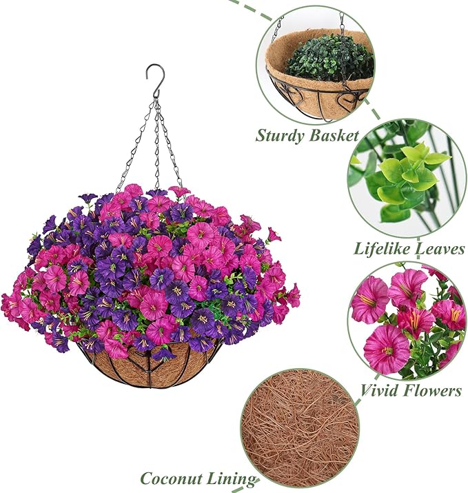KHOYIME Artificial Hanging Flowers Plants Basket for Outdoors Indoor, 2 Set Faux Silk Purple Fuchsia Morning Glory Fake Eucalyptus Planters UV Resistant Spring Summer for Decor Home Garden Porch Patio