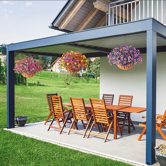 INQCMY Artificial Fake Hanging Plants Flowers Basket for Summer Outdoor Decoration, Faux Silk UV Resistant Colorful Daisy Eucalyptus for Outside Garden Porch Home Patio Balcony Yard