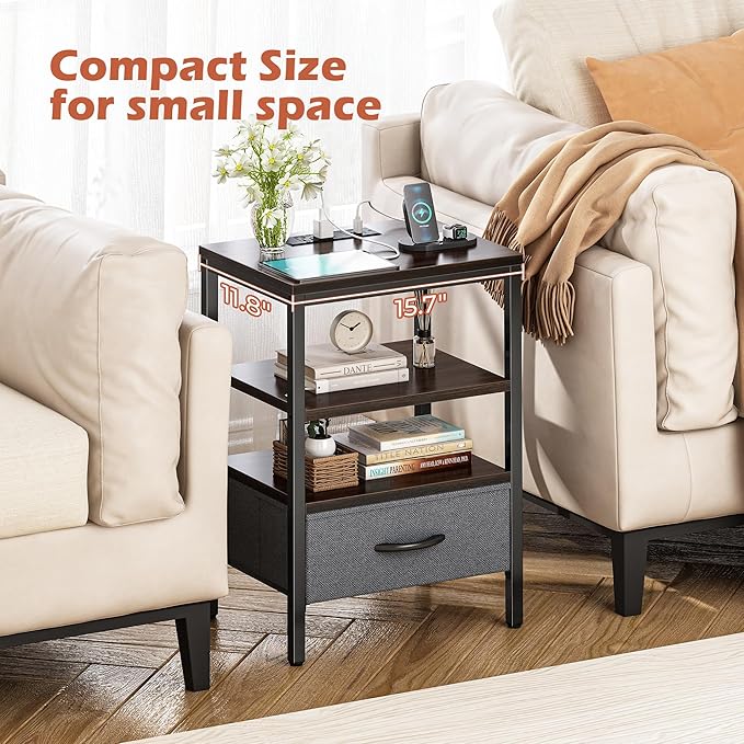 SUPERJARE Nightstand with Charging Station, Bed Side Table with Adjustable Fabric Drawer, Night Stand for Bedroom, 3-Tier Storage End Table, for Living Room - Walnut