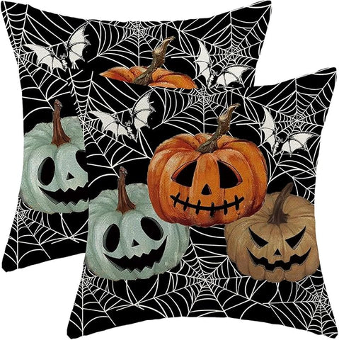 Halloween Decor Pillow Covers 18x18 Set of 2 Spider Web Orange Pumpkin Bat Black Decorative Throw Pillow Covers Outdoor Decoration Autumn Pumpkin Pillowcase Farmhouse Cushion Case for Home Sofa