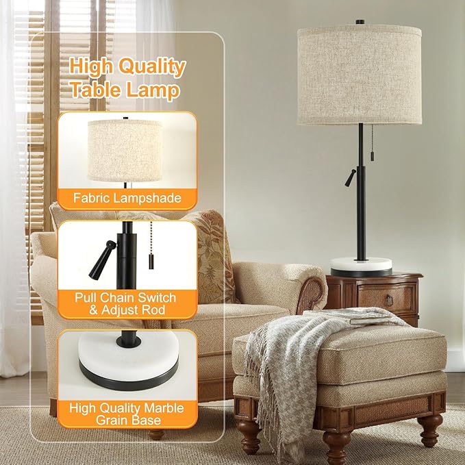 GyroVu Table Lamps Set of 2, Adjustable Height Bedside Marble with Pull Chain Nightstand Modern Lamp for Living Room Bedroom Office Bulbs Not Included(Black) Black Set of 2