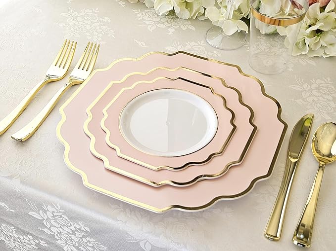 " OCCASIONS " 240 Plates Pack (120 Guests) Heavyweight Wedding Party Disposable Plastic Plates Set -120 x 10.5'' Dinner + 120 x 8'' Salad/Dessert Plate (Imperial in Blush & Gold)