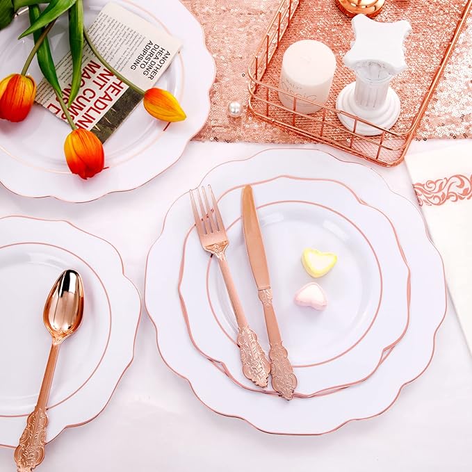NOCCUR 175PCS Rose Gold Plastic Plates with Disposable Silverware - Include 25Dinner Plates, 25Dessert Plates, 25Forks, 25Knives, 25Spoons, 25Cups, 25Napkins for Wedding&Party