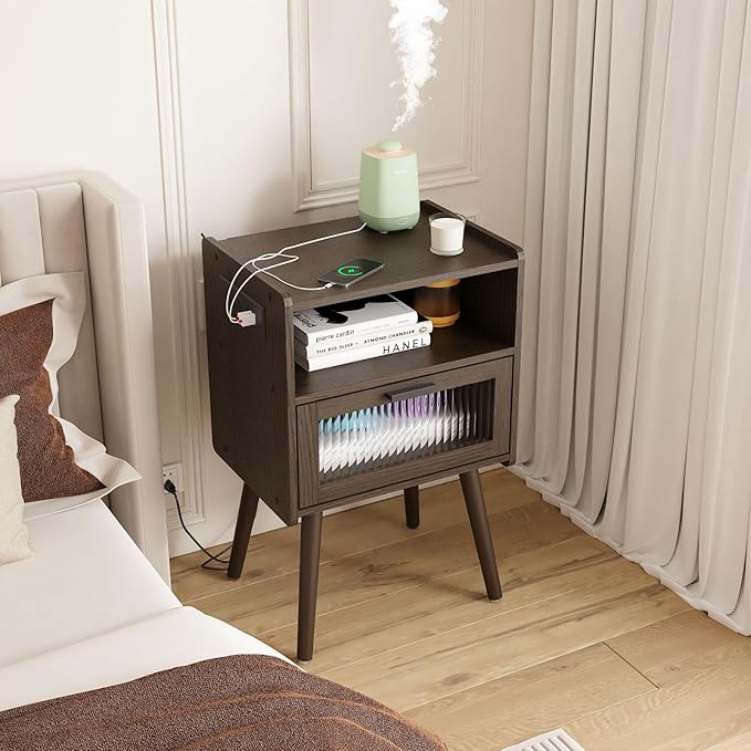 Mid Century Modern Nightstand with Charging Station, Bedside Tables with Glass Drawer, End Table Side Table with 2 Tiers Storage Space, for Bedroom, Living Room, Dark Grey
