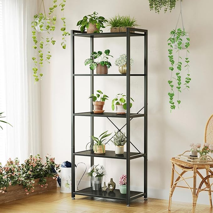 Casaottima Book Shelf, 5 Tier Bookshelf, Modern Wood Bookcase Shelves for Bedroom, Industrial Display Shelf for Living Room Home Office Kitchen, Standing Shelving Unit Storage Organizer, Black