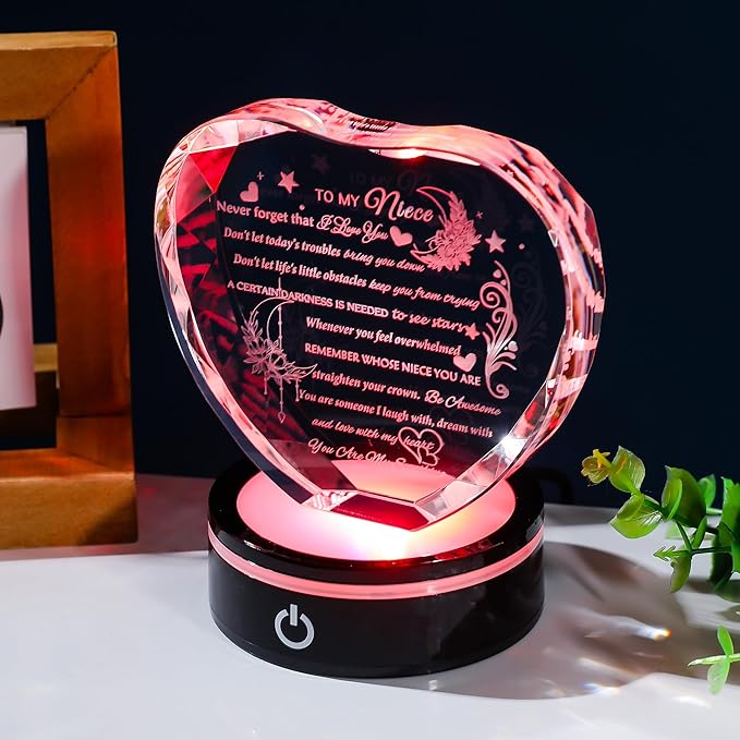 YWHL Niece Gifts from Auntie Uncle Heart Crystal Inspirational Graduation Gift for Niece with Colorful LED Base Unique Niece Gifts from Aunt on Birthday Christmas Valentine Day