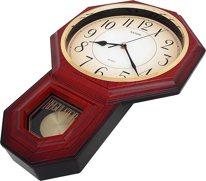 JUSTIME Traditional Schoolhouse Gradient Arabic Regulator Wall Clock, Chiming Wall Clocks with Pendulum & Westminster Chime Hourly, Schoolhouse Wall Decor Battery Operated (Red Mahogany)