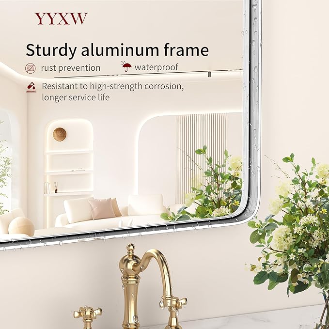 26X34 Inch Brushed Nickel Bathroom Mirror for Wall, Brushed Silver Metal Framed Mirror, Rounded Rectangle Silver Bathroom Mirrors, Tempered Glass, Anti-Rust, Hangs Horizontally or Vertically