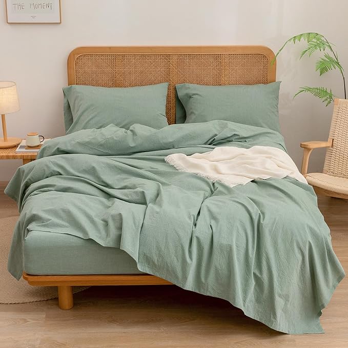 BESTOUCH Sheet Set 100% Washed Cotton Linen Feel Super Soft Comfortable Chic Lightweight 3 Pcs Home Bedding Set Solid Green Twin