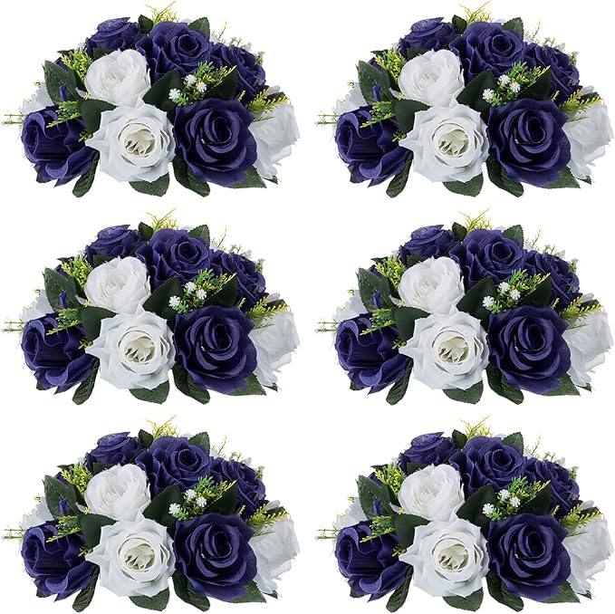 NUPTIO Artificial Flower Centrepieces for Tables - 6 Pcs Navy Blue & White Fake Flowers Roses Balls 9.5in Diameter - Silk Faux Rose Arrangement for Wedding Party Centerpiece Table Decorations