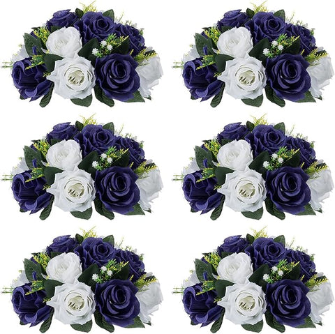 NUPTIO Artificial Flower Centrepieces for Tables - 6 Pcs Navy Blue & White Fake Flowers Roses Balls 9.5in Diameter - Silk Faux Rose Arrangement for Wedding Party Centerpiece Table Decorations
