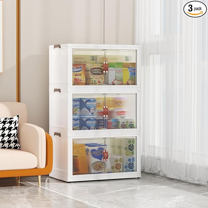 3 Tier Storage Bins with Lids, 120QT Collapsible Plastic Storage Bins, Folding Storage Boxes with Doors, Stackable Storage Organizer for Home, Office and Dorm