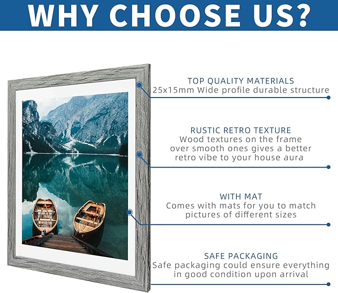 14x20 Picture Frame Set of 2, Rustic Grey Wood Style - Display 14 x 20 Picture without Mat or 12x18 Picture with Mat, Wall Mounting Horizontal and Vertical