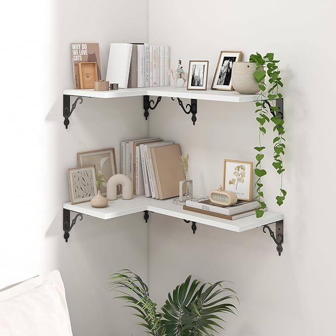 16 Inch Deep Floating Shelves for Wall, 8 Inch Deep Floating Shelf with Bracket, White Wall Shelves 16 Inches Long, Wide Display & Storage Shelves for Living Room, Bathroom, Bedroom, White, Set of 2