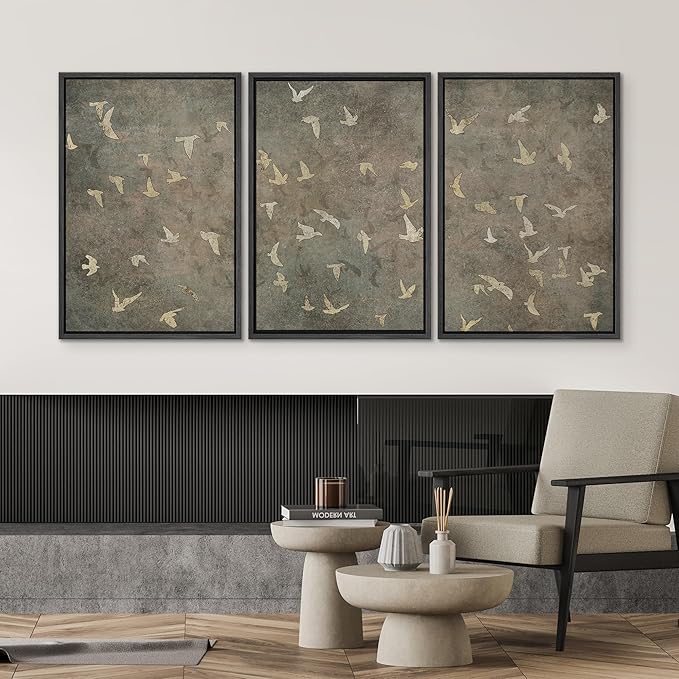 SIGNWIN Framed Canvas Print Wall Art Set Abstract Golden Birds in Flight Illustrations Modern Art Decorative Rustic Calm/Zen for Living Room, Bedroom, Office - 16"x24"x3 Black
