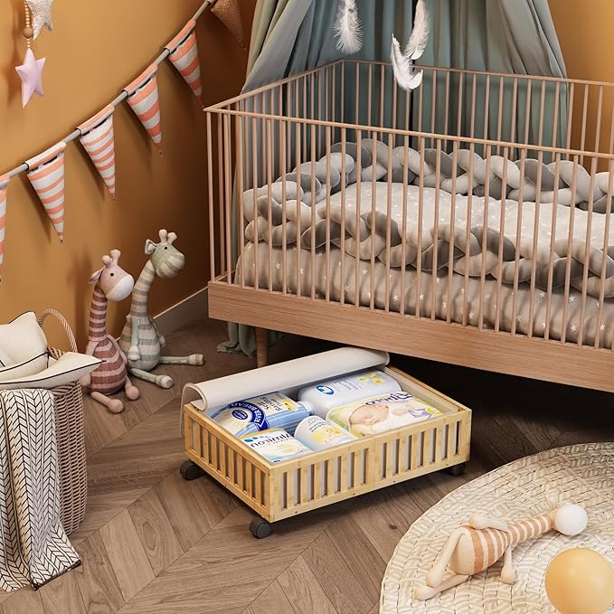 Bamboo Under Bed Storage Containers with Wheels, Rolling Under the Bed Shoe Storage Bins, Wood Stackable Underbed Drawers with Bag Organizer for Bedroom Closet Clothing Sweater Bedding Under Crib Toy