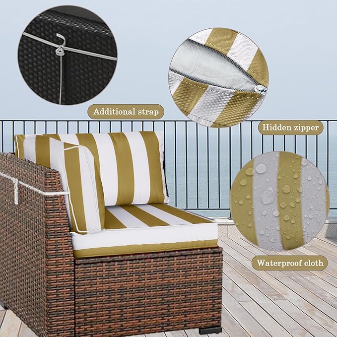 Outdoor Furniture Replacement Cushions, 14 Pcs Water-Resistant Replacement Sofa Cushion for Patio Garden Porch (Liner&Cover,Only Cushions No Sofa) (Yellow and White Stripes)