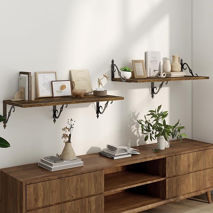 Deep Floating Shelves for Wall, 32"W x 8"D Wall Shelves, 12 Inch Deep Floating Shelf with Bracket, 32 Inch Floating shelves Set of 2, Rustic Shelves for Living Room, Bathroom and Kitchen, Rustic Brown
