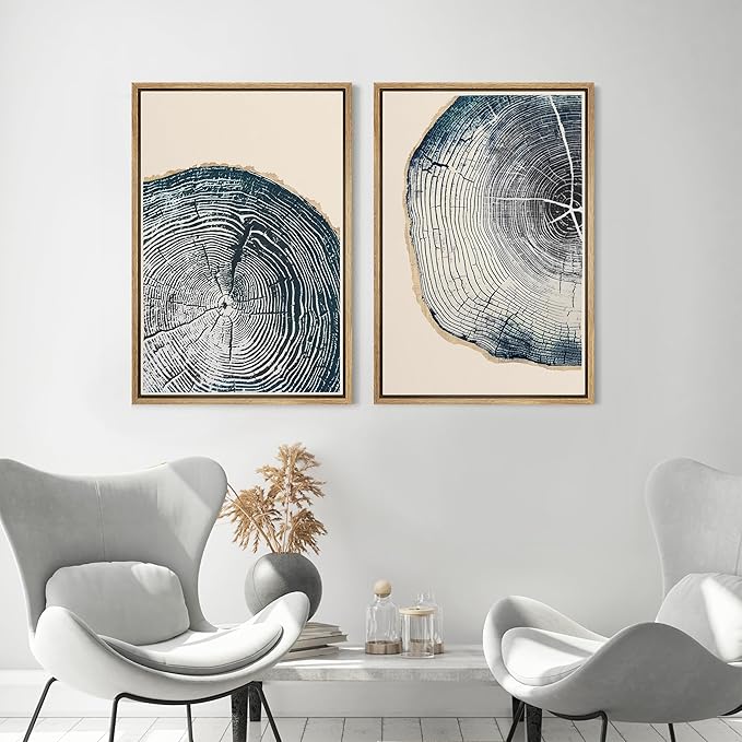 MUDECOR Framed Canvas Print Wall Art Navy Blue Wood Tree Ring Nature Illustration Modern Art Decorative Multicolor Geometric Minimal for Bedroom - 16"x24"x2 Natural