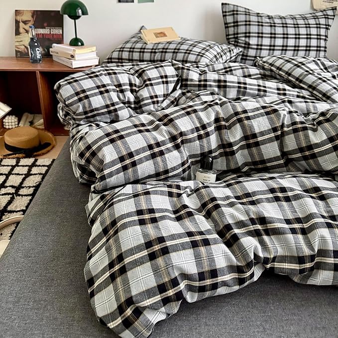 VM VOUGEMARKET Boys Plaid Duvet Cover Set Twin XL,3 Pieces Washed Cotton Bedding Set,Breathable Luxury Gingham Comforter Cover with 2 Pillowcases-Black&Grey