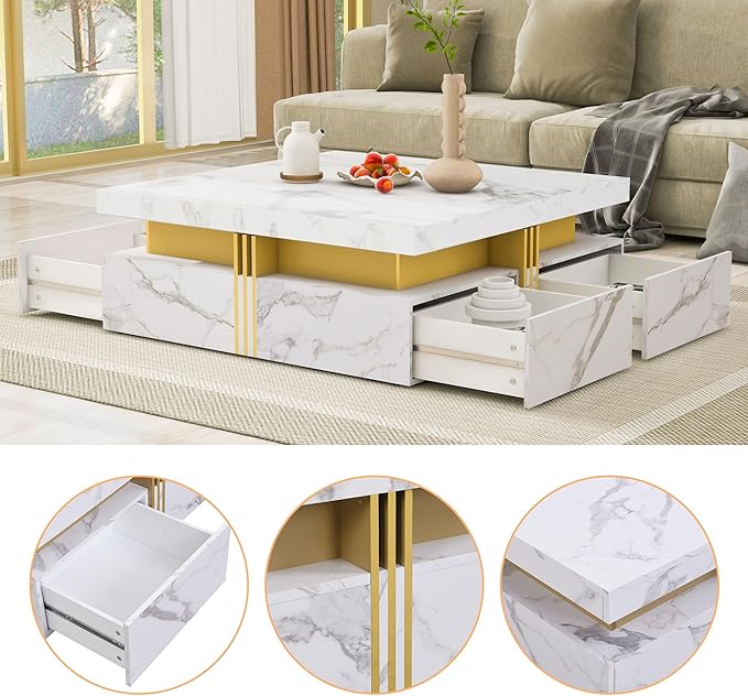 Merax Coffee Table, Modern Square Coffee Table with 4 Drawers, Contemporary Luxury Center Table Cocktail Table with Gold Accents for Living Room, 43.3" Lx 43.3" W (White)