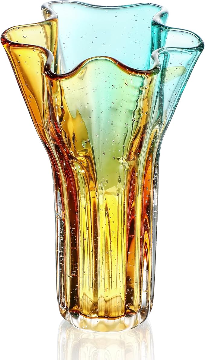 8.5" Blown Glass Vase for Flowers, Modern Ombre Glass Vase for Home Decor, Flower Vases Decorative | Table Centerpiece, Olive Plant, Wedding, Living Room, Bookshelf, Office, Entryway