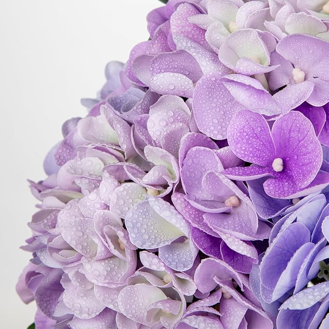 Hollyone Purple Hydrangea Artificial Flowers in Vase Latex Real Touch Large Faux Hydrangea Flowers Arrangements Hydrangeas Fake Flower with Glass Vase with Faux Water for Table Centerpiece Home Decor