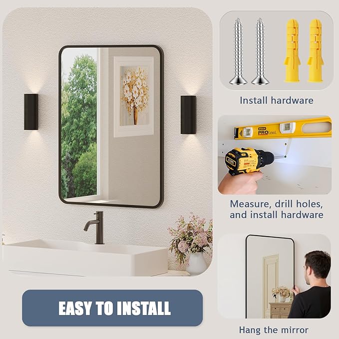 22×30 Black Bathroom Mirror for Over Sink - Rectangle Bathroom Vanity Mirror Wall Mounted with Matte Aluminum Frame & Rounded Corners, Shatterproof Tempered-Glass, Horizontal/Vertical
