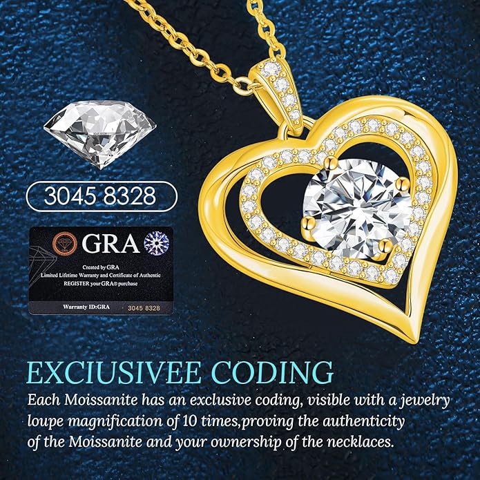 Moissanite Heart Pendant Necklaces for Women, 925 Sterling Silver Gold Plating Lab-Created Gem Necklace Engraved with 'I LOVE YOU', Ideal Anniversary Birthday Christmas Valentine Engagements Mothers Day Jewelry Gifts for Mom Wife Girlfriend Daughter Her