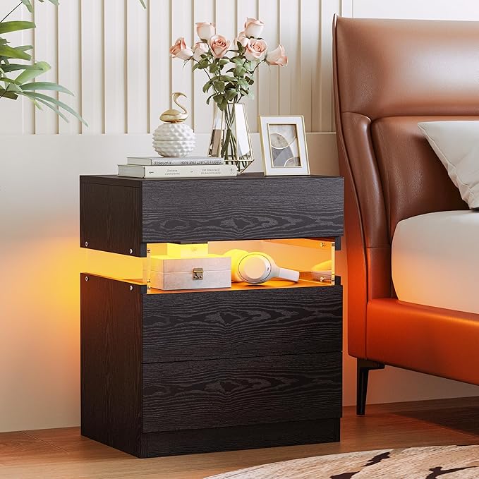 IRONCK Night Stand, LED Nightstand with 3 Drawers, Modern Bedside Table with Storage, End Table for Bedroom, Black