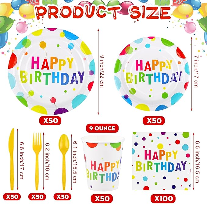 400 Pieces Happy Birthday Party Decorations Including Disposable Paper Plates Cups Napkins Tableware Sets Serves 50 for Birthday Party Supplies